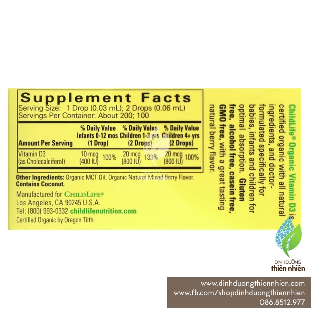 Vitamin D3 Hữu Cơ ChildLife Organic Vitamin D3 Drops Berry, 400 IU, 6