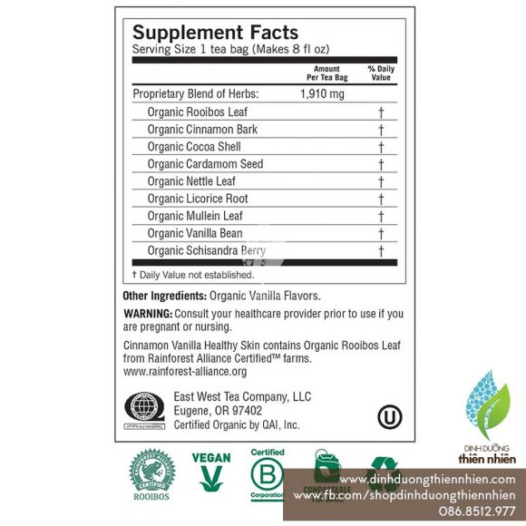 Trà Hữu Cơ Yogi Cinnamon Vanilla Healthy Skin, Giúp Da Khoẻ Mạnh Dinh